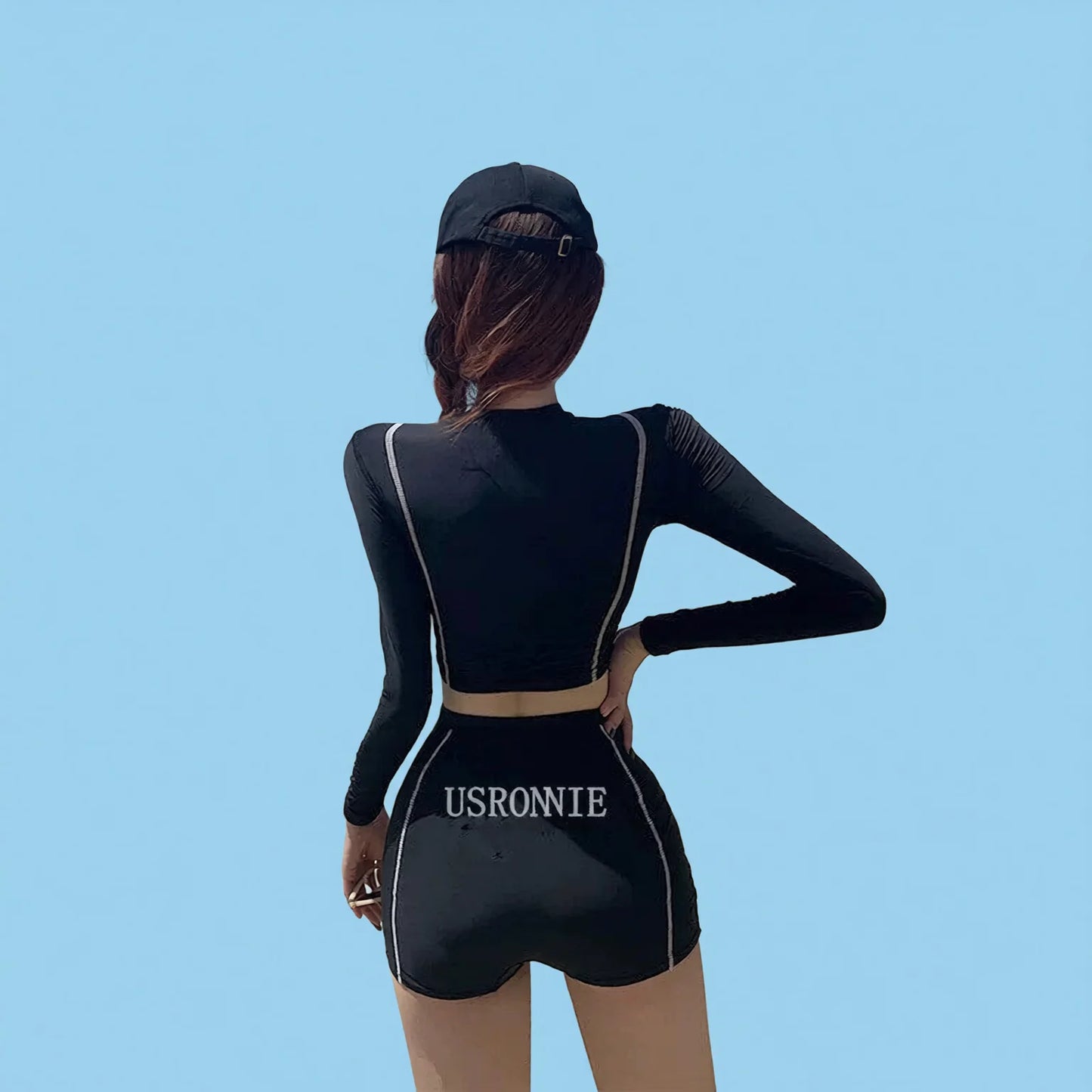 Conservative long-sleeve bikini swimsuit - high-waisted black set with belt
