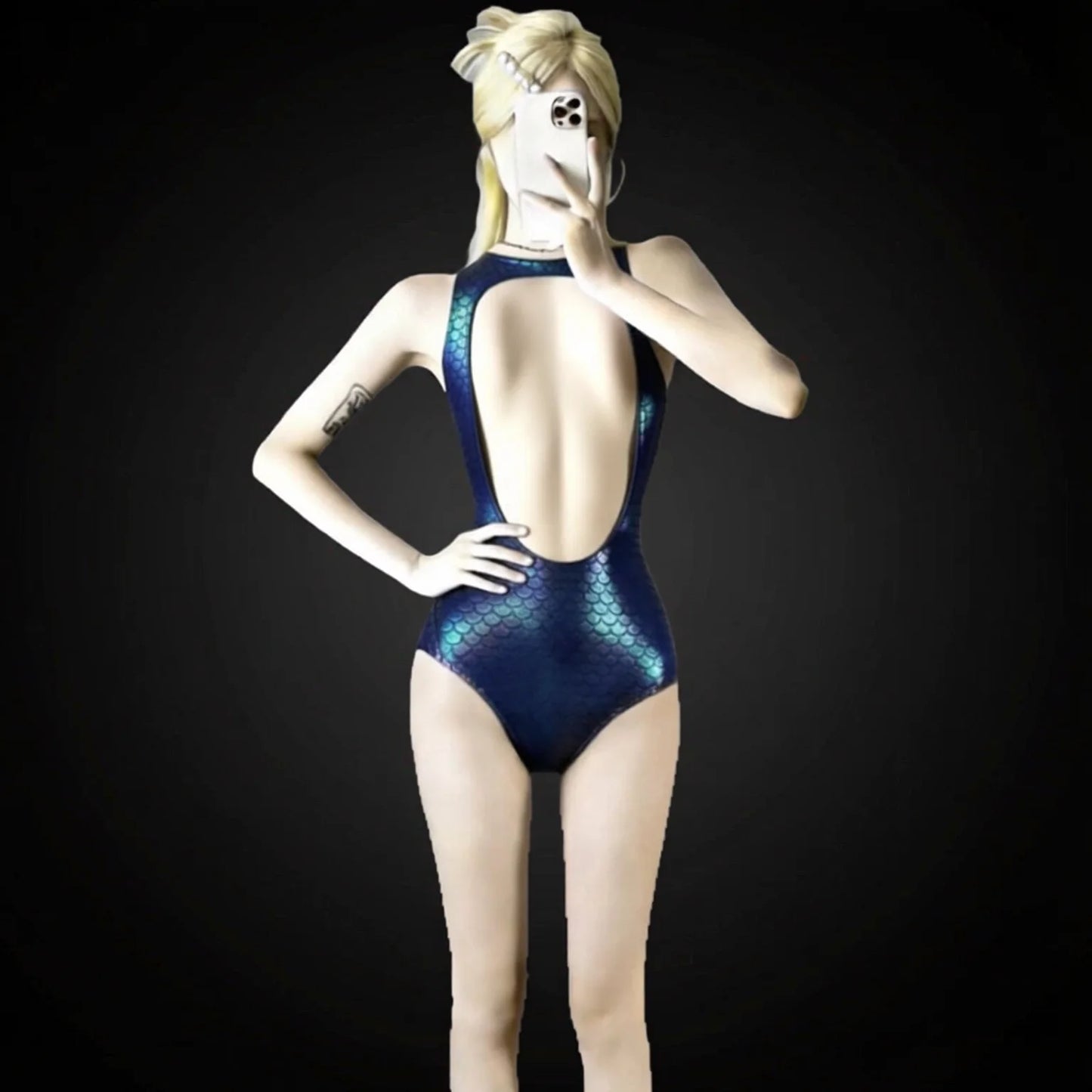 Exposed Back One Piece Swimsuit with Scale Pattern & Slimming Fit