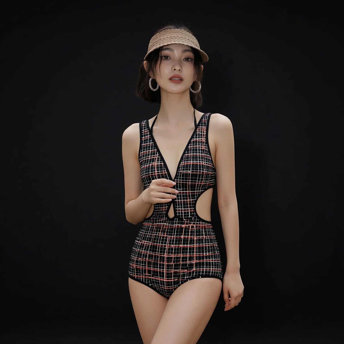 Sleeveless Cut-Out One-Piece Swimwear - Black Grid Print Concealing Slimming Design