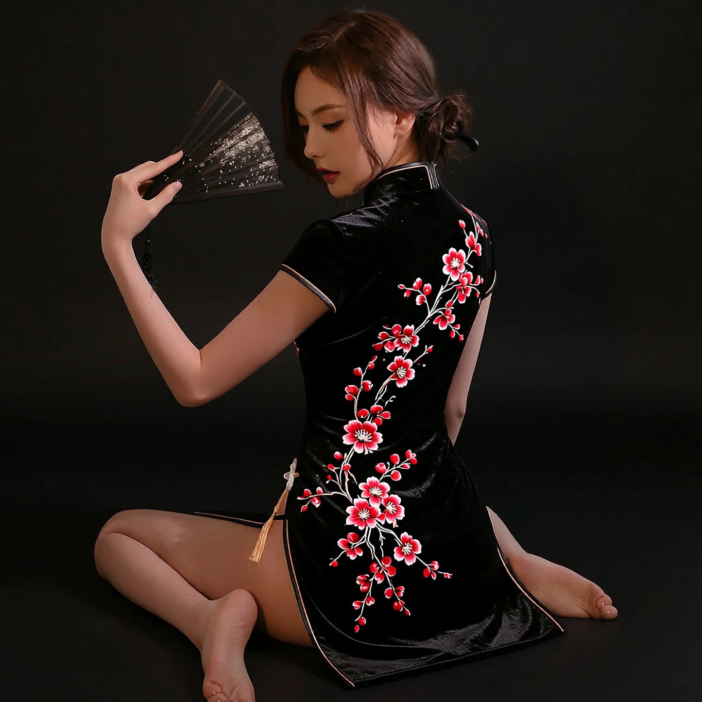 Classical Velvet Qipao with Plum Blossom Embroidery and High Slit