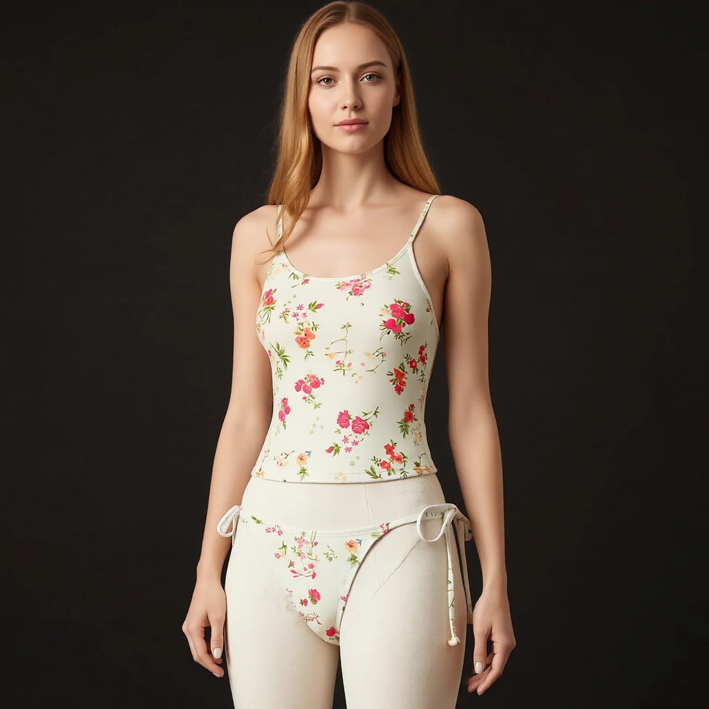 Light Floral Print Tie-Strap Tankini Set