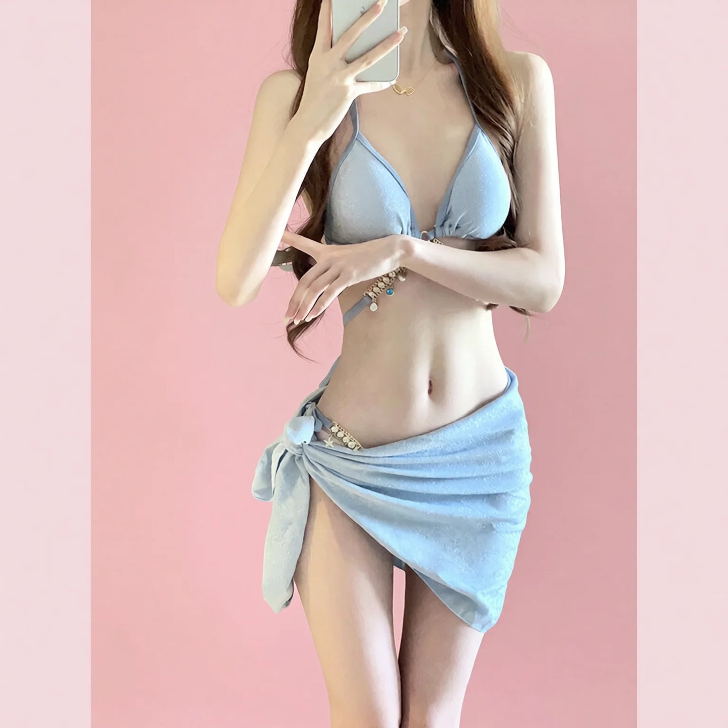 Mesh Rhinestone Chain Tie Bikini Set Sky Blue 3-Piece Swimsuit