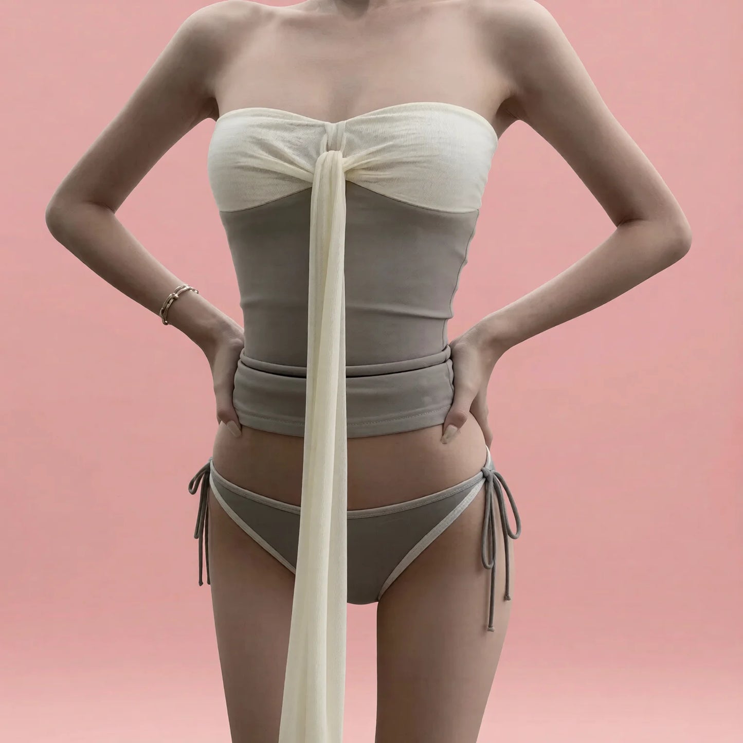 Pure Desire Tube Top Tie Neck Swimsuit with Pleated Splice