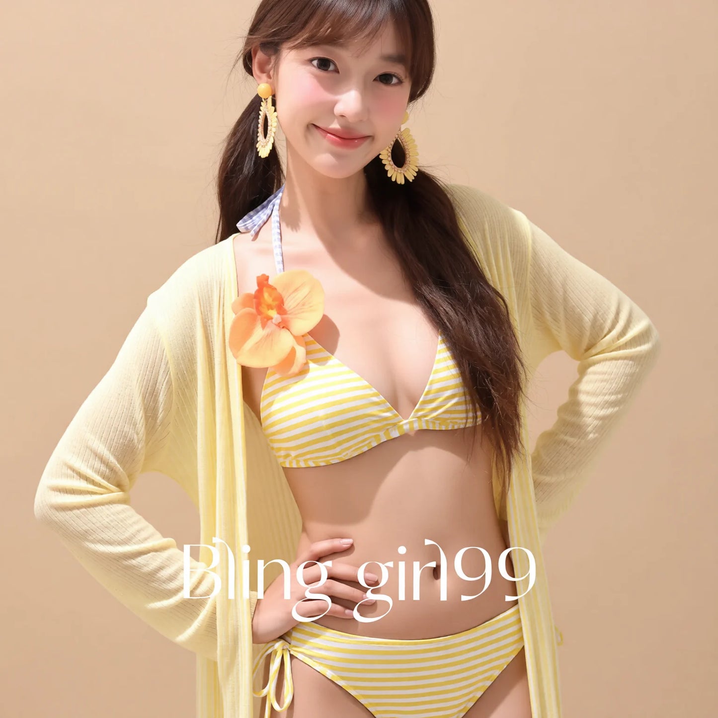 Yellow Striped Bikini Set with Cover Up