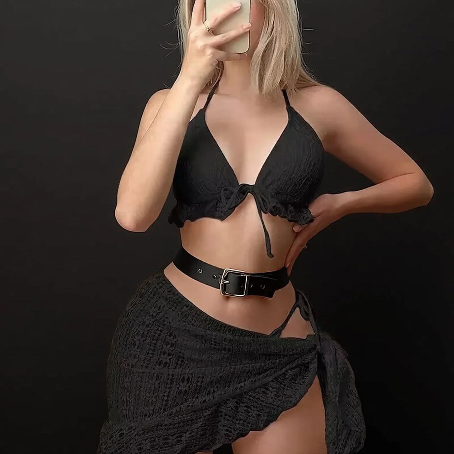 lace halter bikini with belt and strappy bottoms, white and black