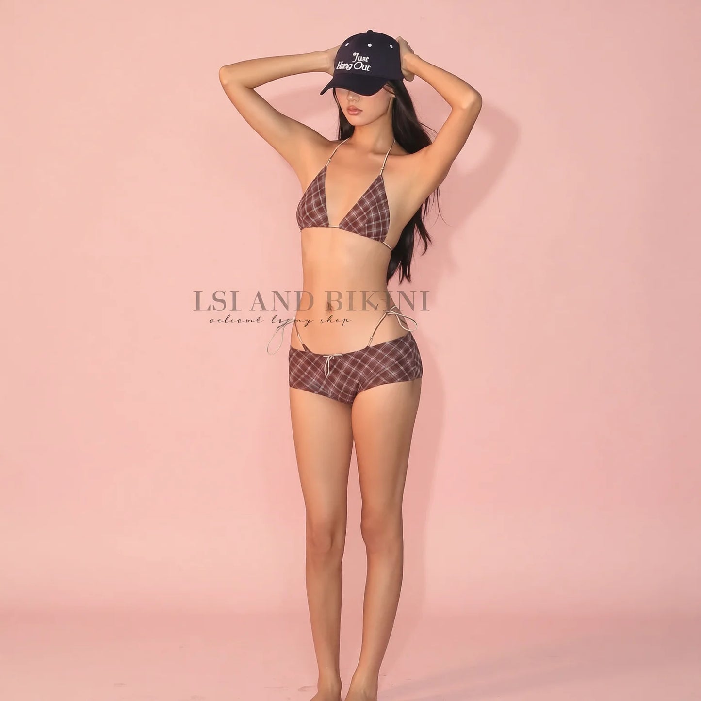 retro plaid tie side triangle bikini set mocha brown