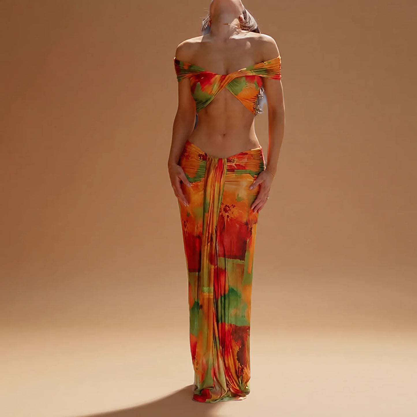 Retro Printed Off Shoulder Two Piece Swimsuit