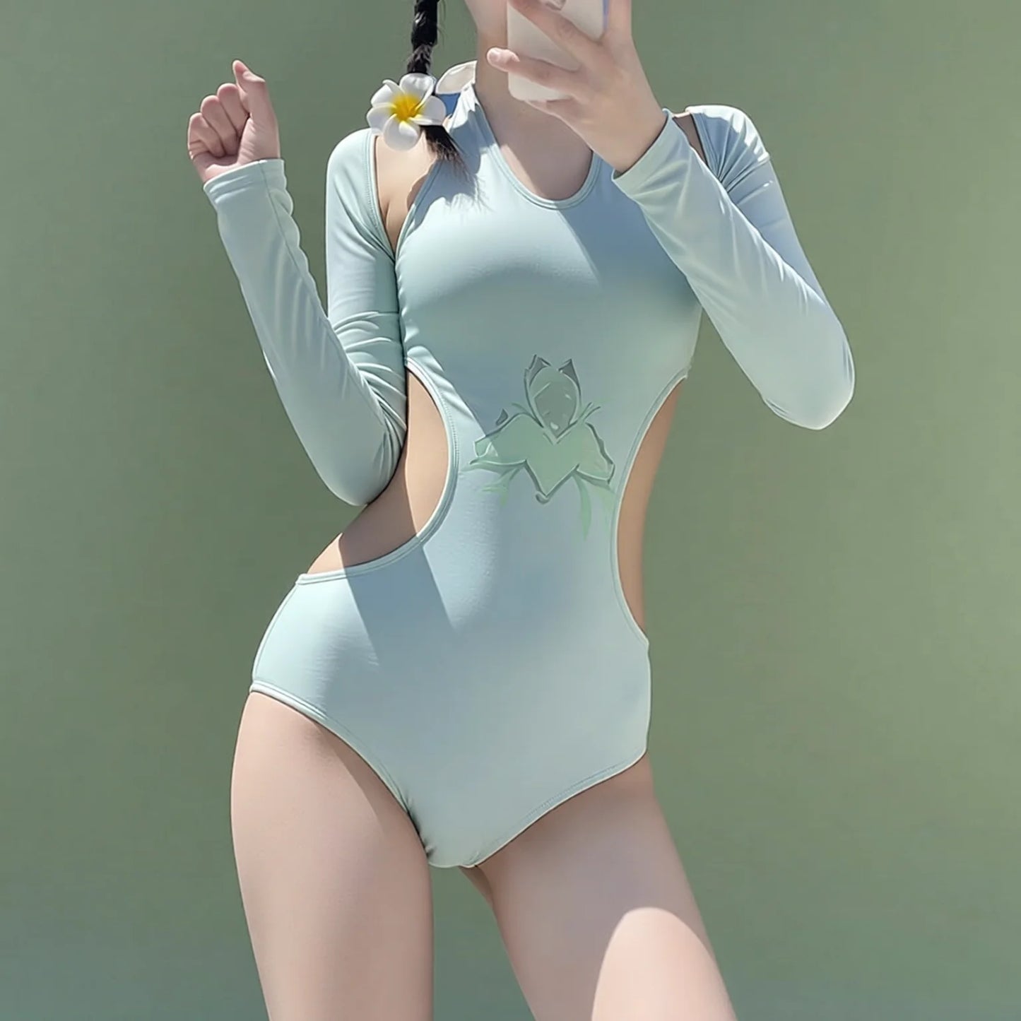 Mint Green Long Sleeve Cut Out Swimsuit with Skirt