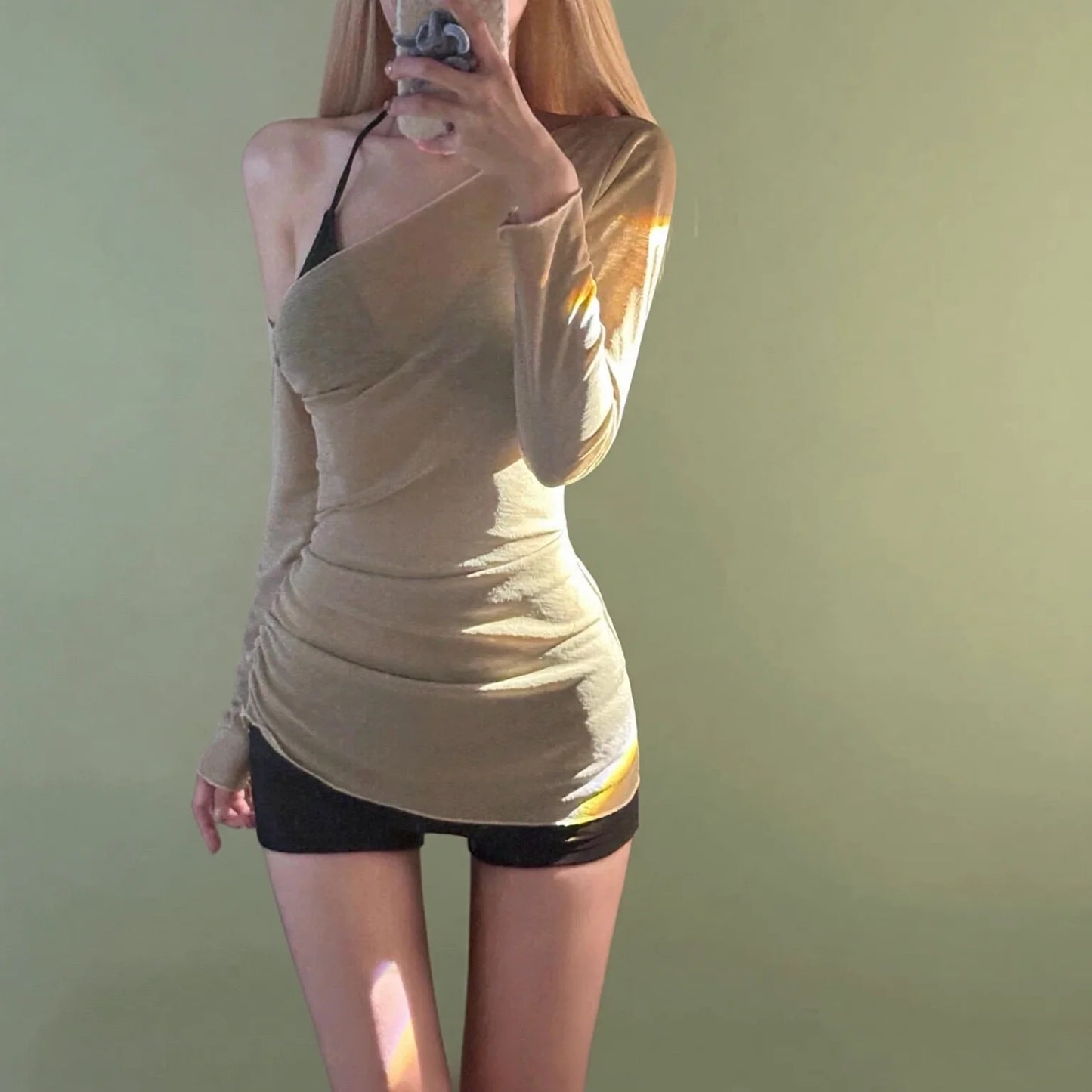 Pure Desire Khaki One-Shoulder Long Sleeve Mini Dress