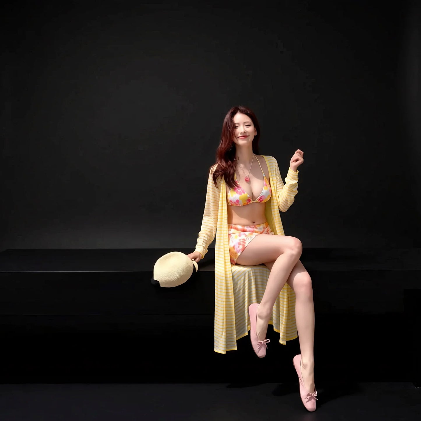 Multi-piece bikini set with long sleeve cover-up skirt for summer beach holiday