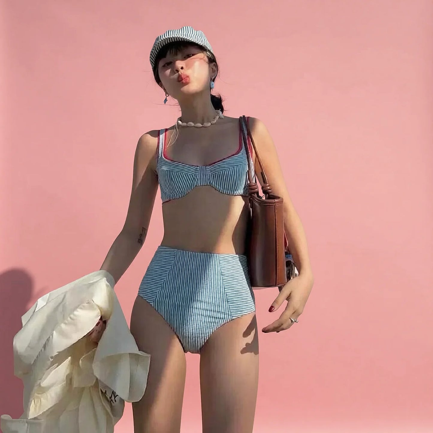 Retro High-Waisted Striped Bikini with Steel-Tone Cups and Soft Pads