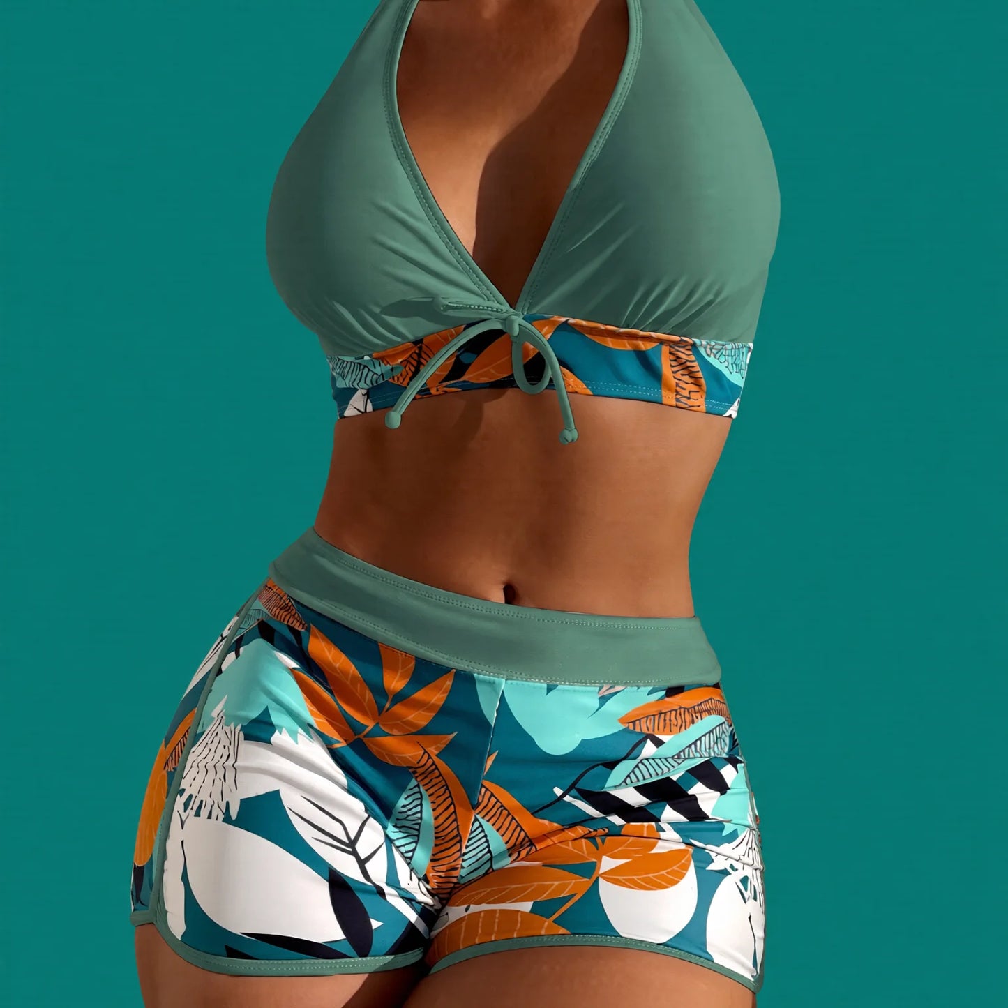 High-Waisted Tie-Band Bikini with Leaf Print