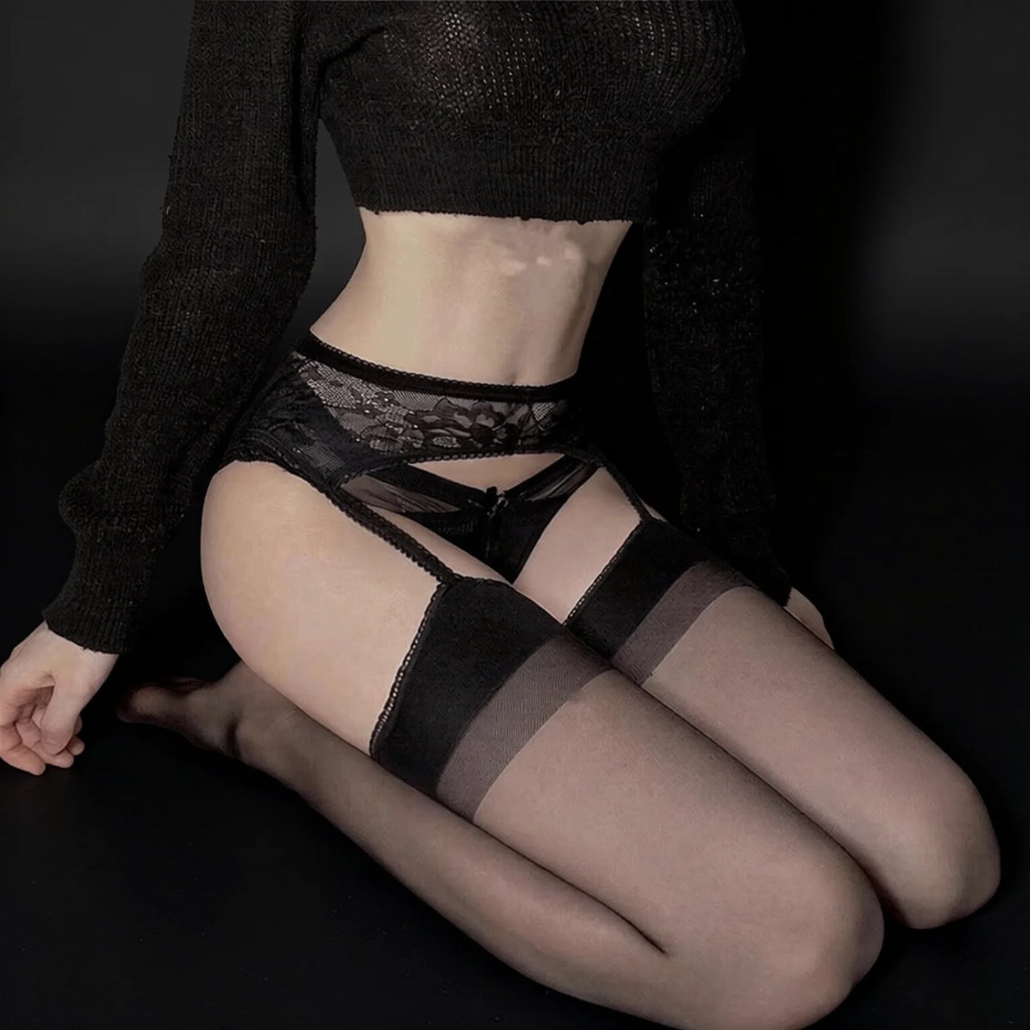 Black Lace Garter Belt & Sheer Stockings with Open Front