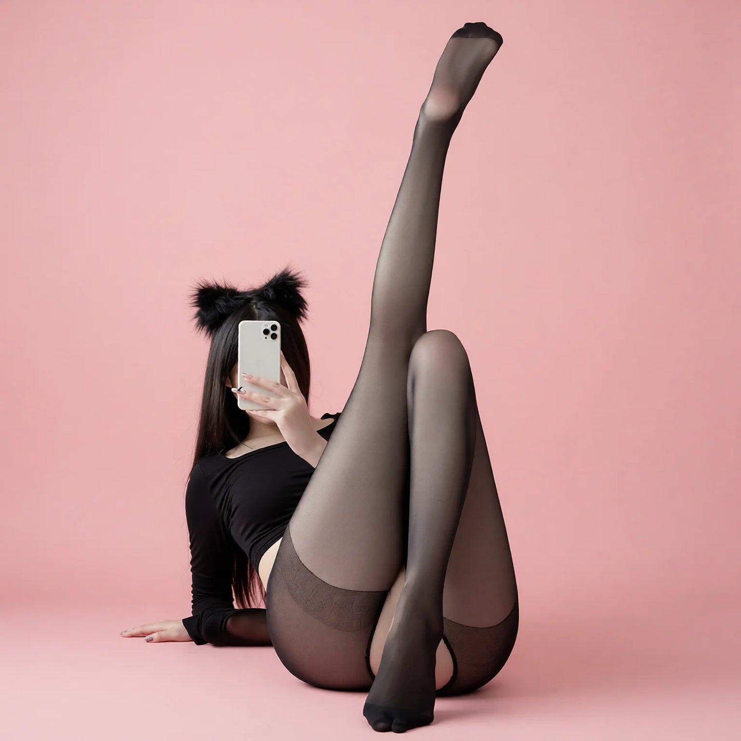 Tear-Away Open-Crotch Black Silk Lingerie & Stockings