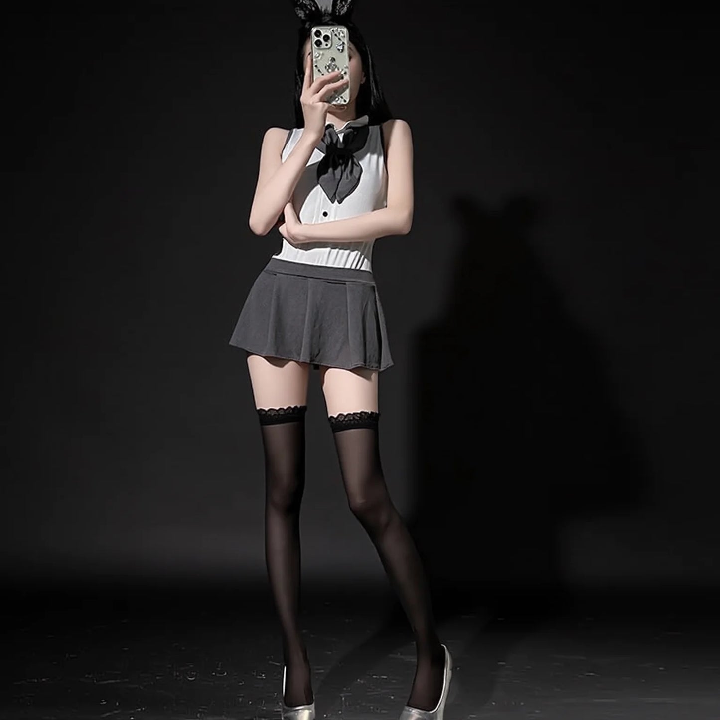 Black Lace Trim Thigh High Stockings with Over Knee Length