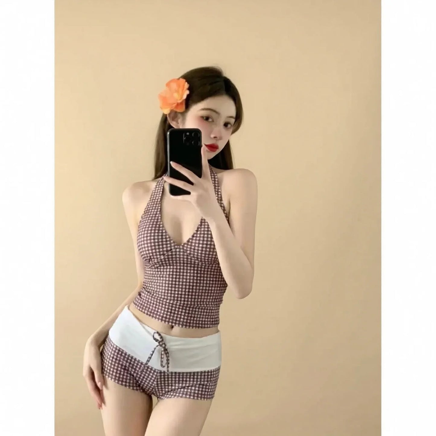 Retro Grid Halter Bikini Set - Tummy Control Swimwear