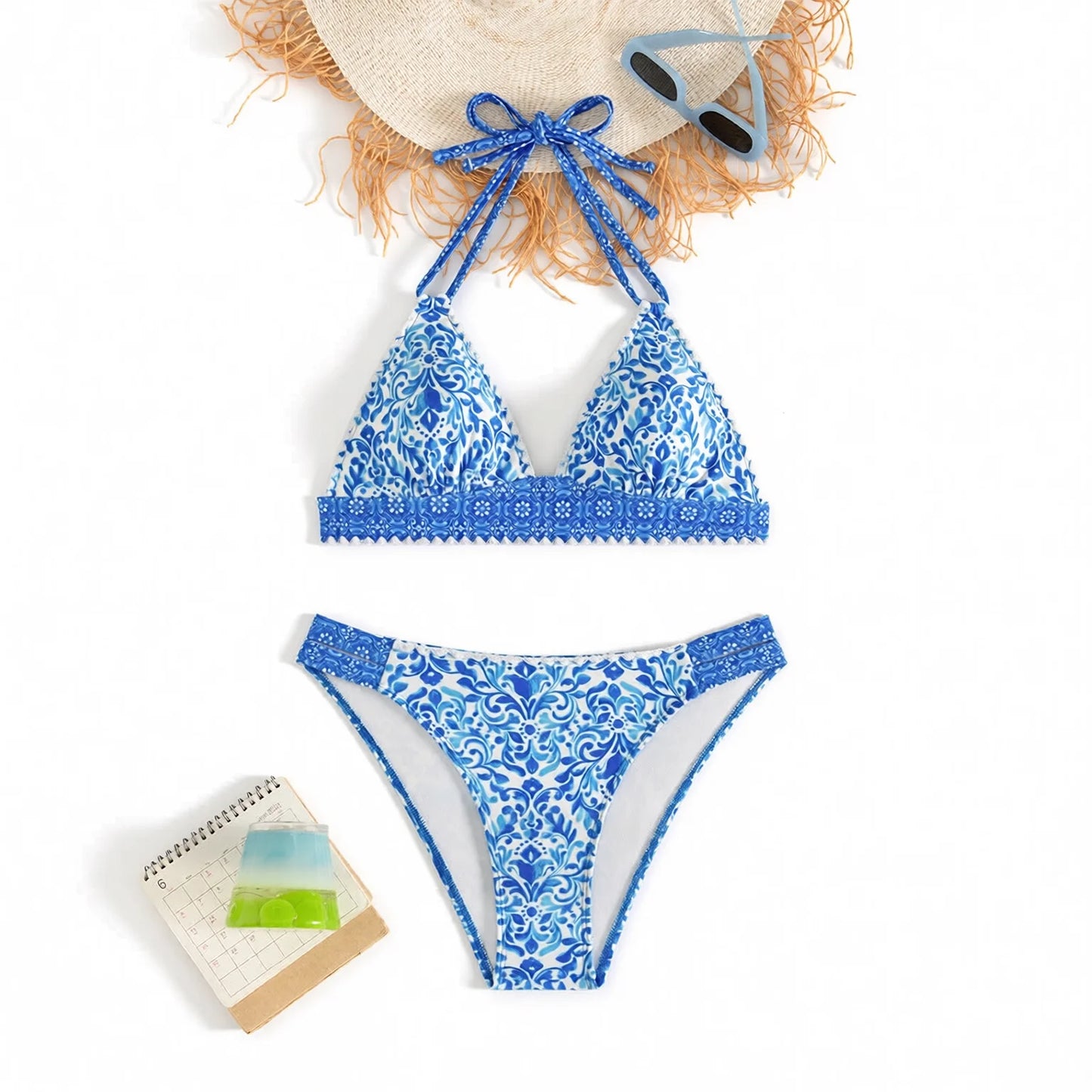 Halter Neck Lace Trimmed Floral Print Bikini Set
