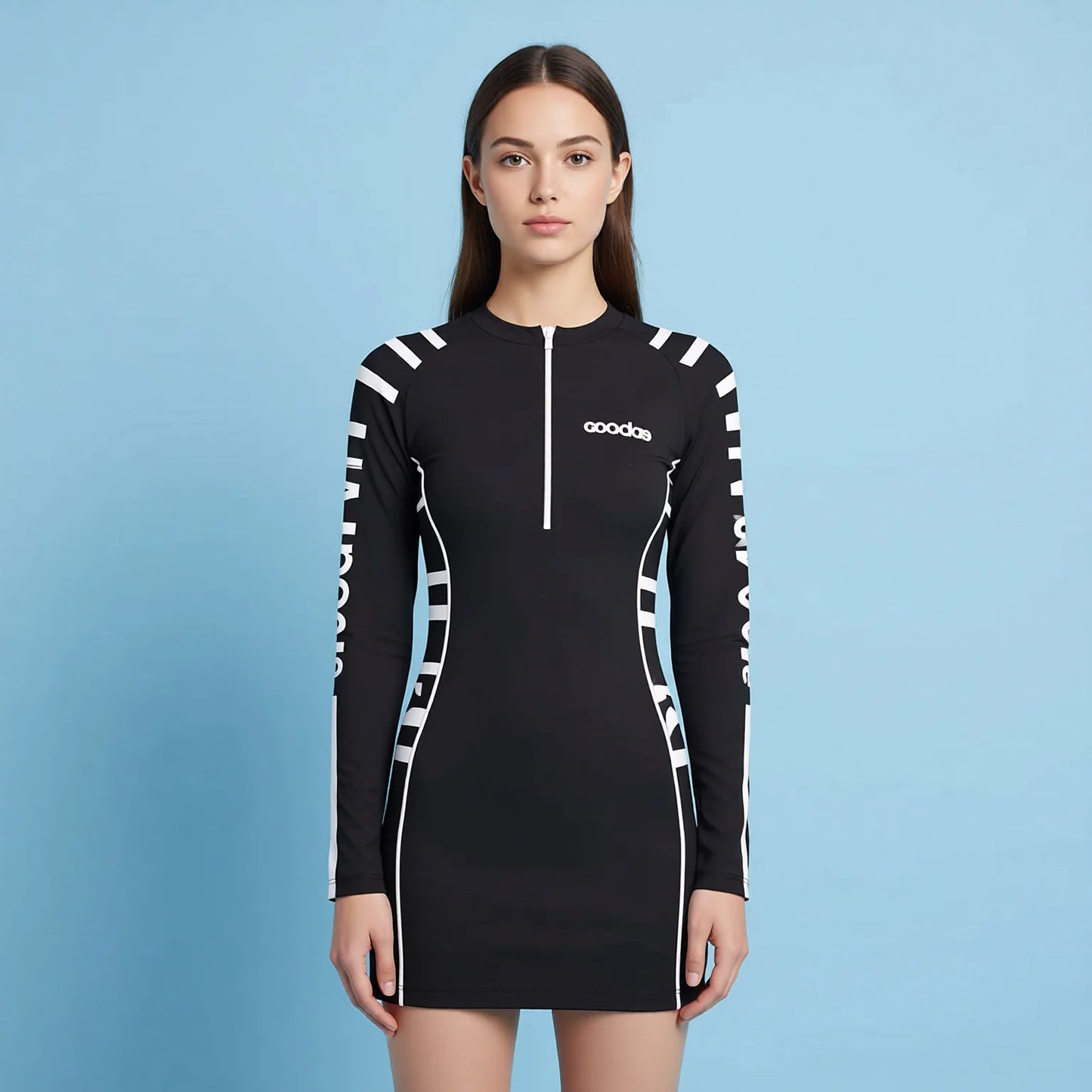 Conservative Long-Sleeve Swim Dress - Zipper Top Tummy Control Swimwear