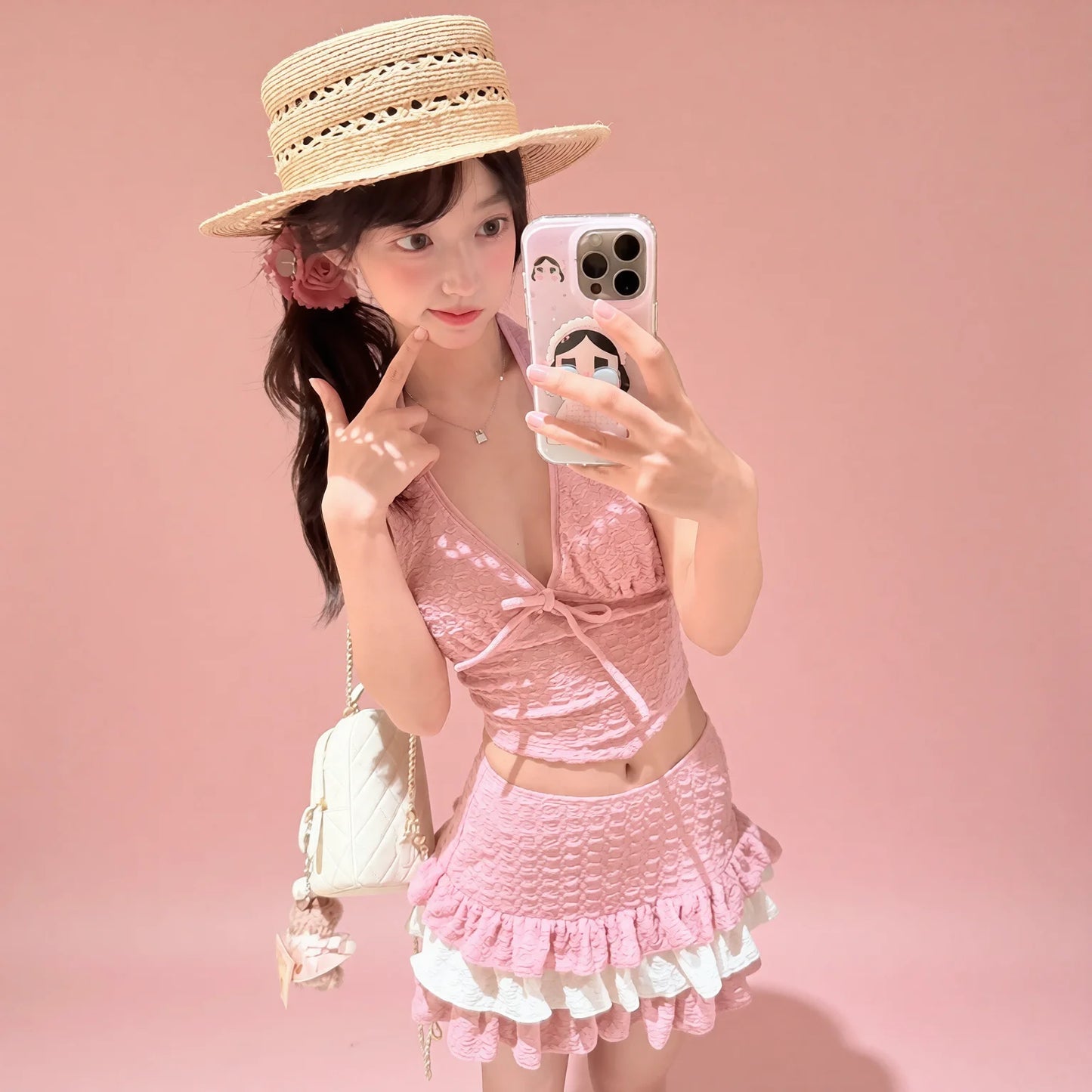 Pink Halter Neck Two-Piece Bikini with Ruffle Egg-Cake Skirt and Slimming Belly Coverage