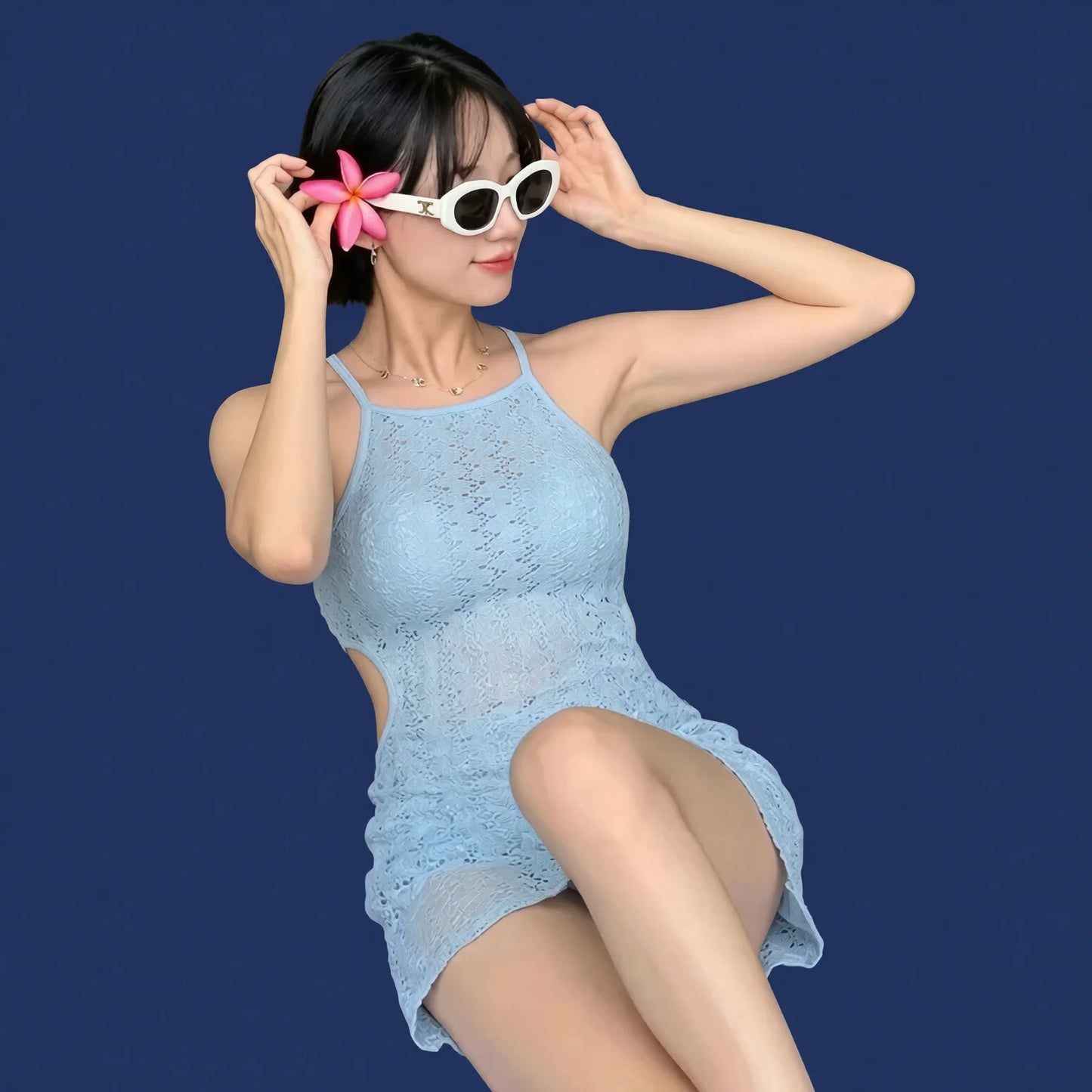 Sky Blue Lace One-Piece Swimsuit with Open Back