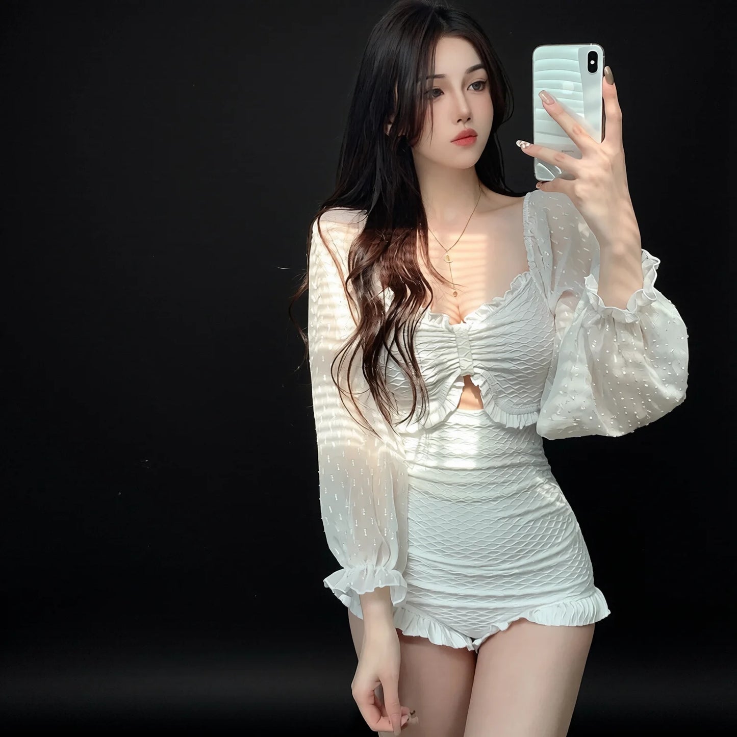 Sheer Long Sleeve One Piece Swimsuit with Cutout Waistband - Conservative Cut Tummy Control