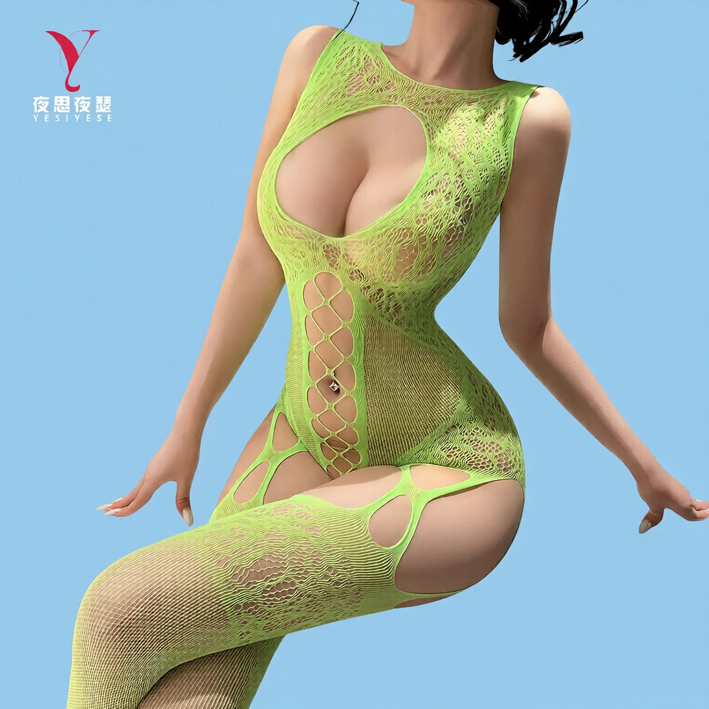 Sheer Mesh Cutout Teddy & Panty Set with Sheer Stockings