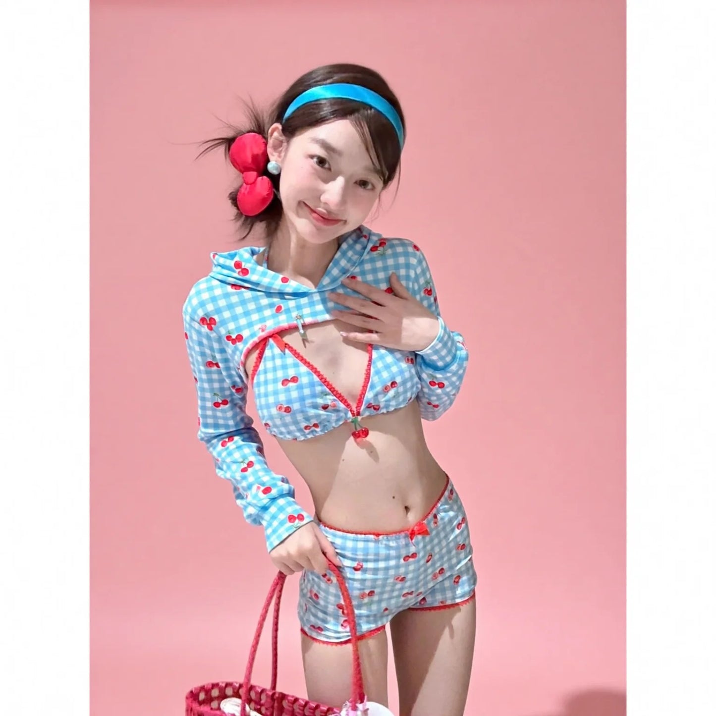 Cherry Y2K Sweet Spice Triangle Bikini Set with Drawstring Hoodie and Protective Cover-Up