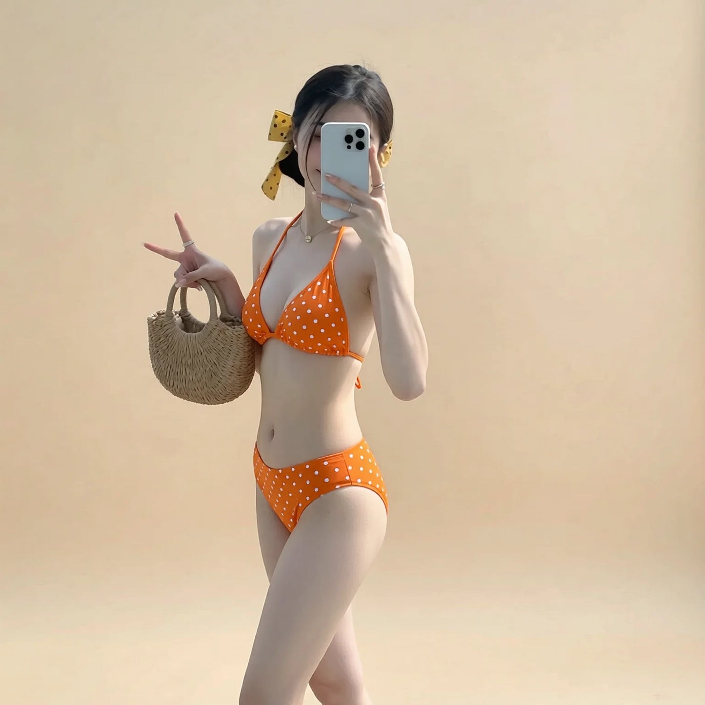 Conservative Dot Halter Bikini Set - Orange