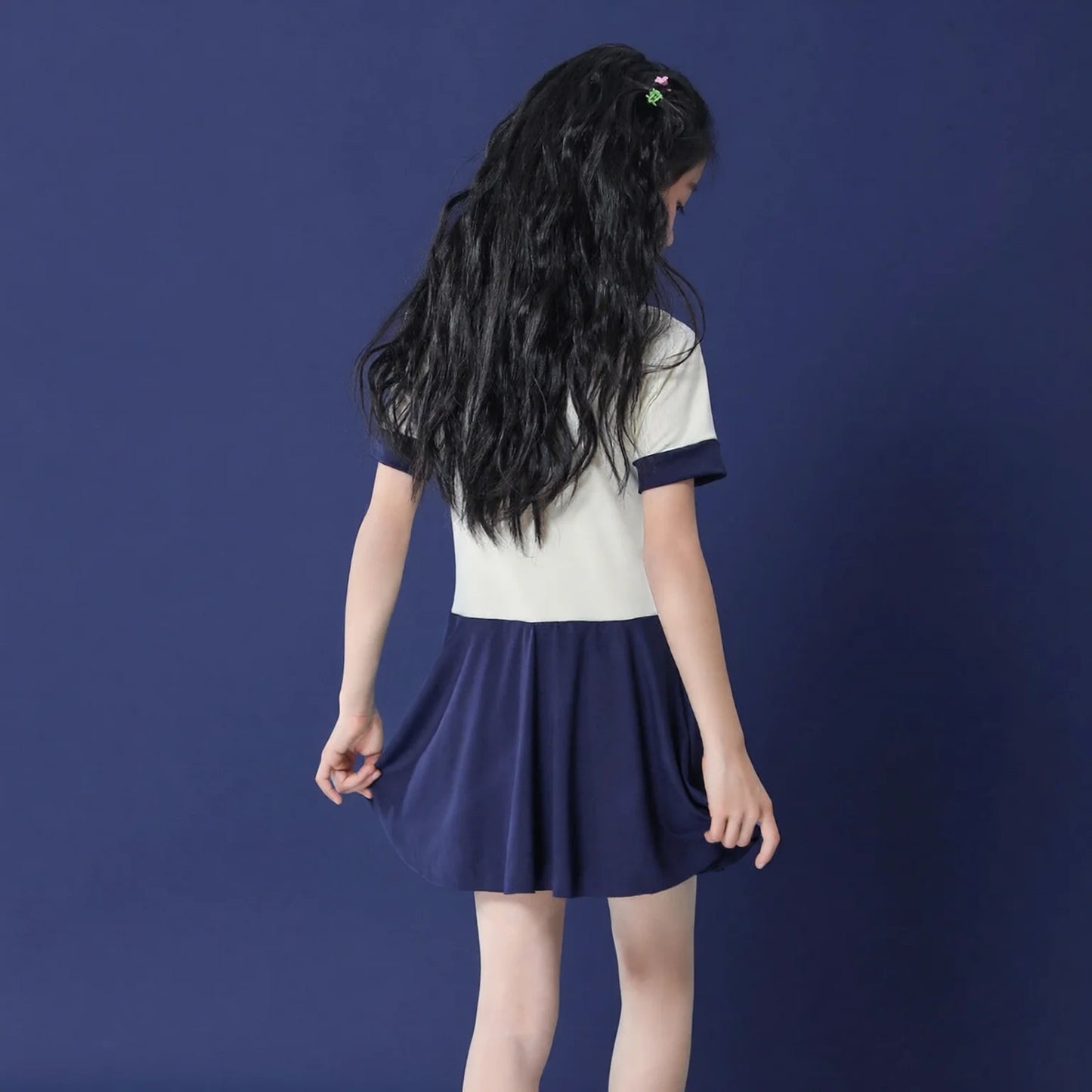 Girls Modest One Piece Swimsuit with Skirt College Style Quick Dry