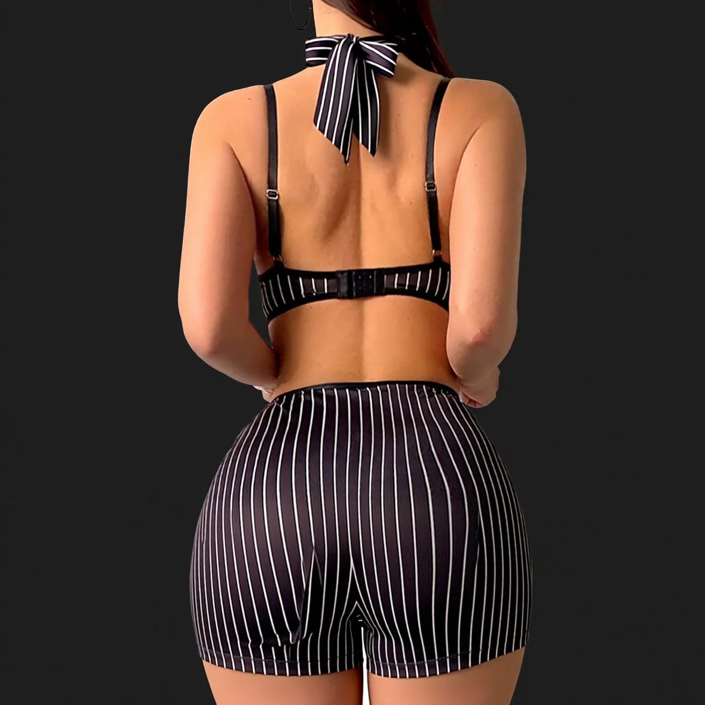 Striped Lingerie Set with Bow Tie Collar & Lace-Trim Shorts
