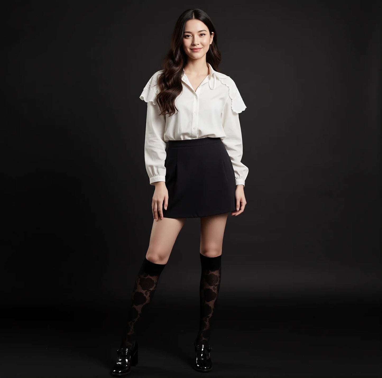Floral Lace Knee High Socks Cream White and Black