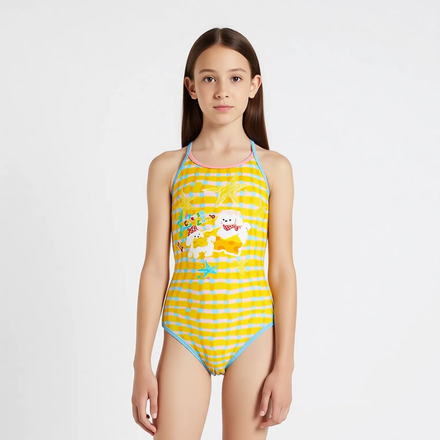 Crossback Triangle One-Piece Swimsuit for Swimming Pools - Yellow Checkered Pattern
