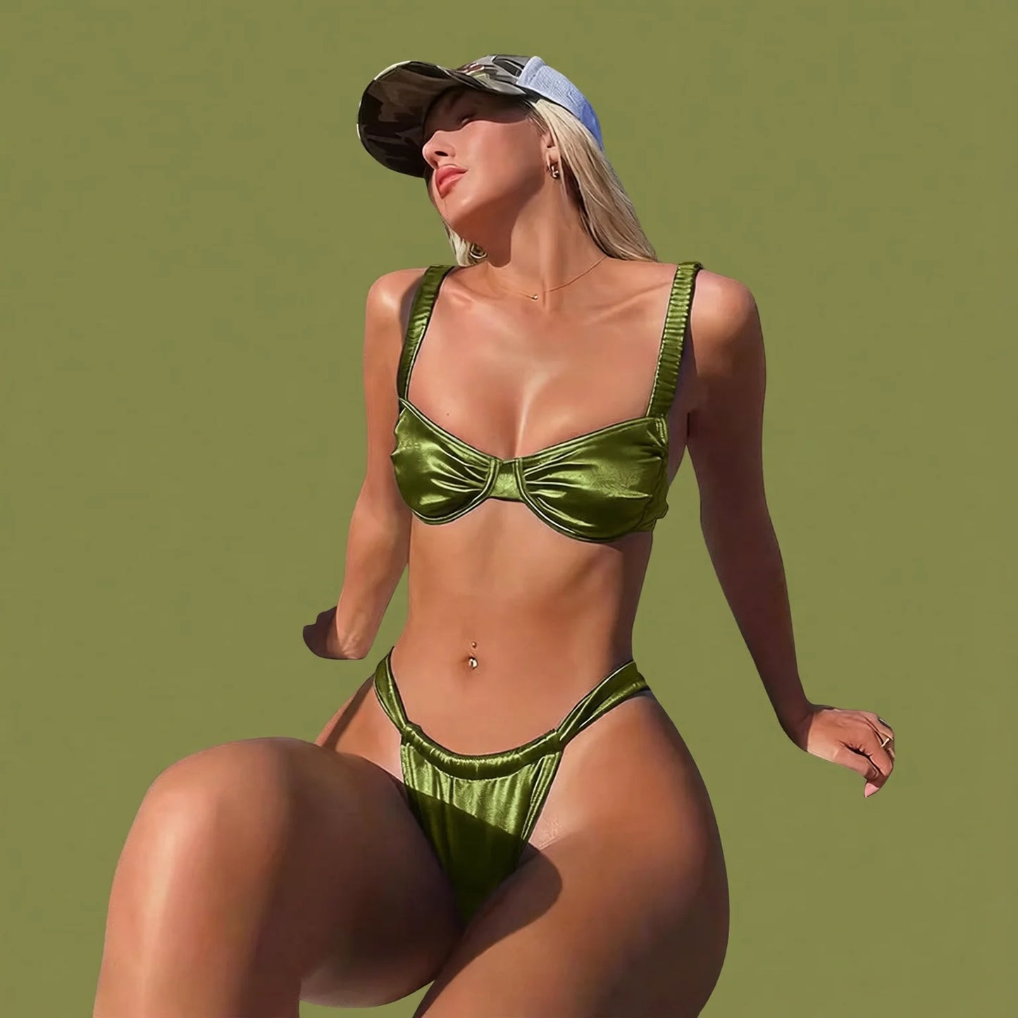 Olive Green Satin Halterneck Bikini with Ties and Plunge Bra