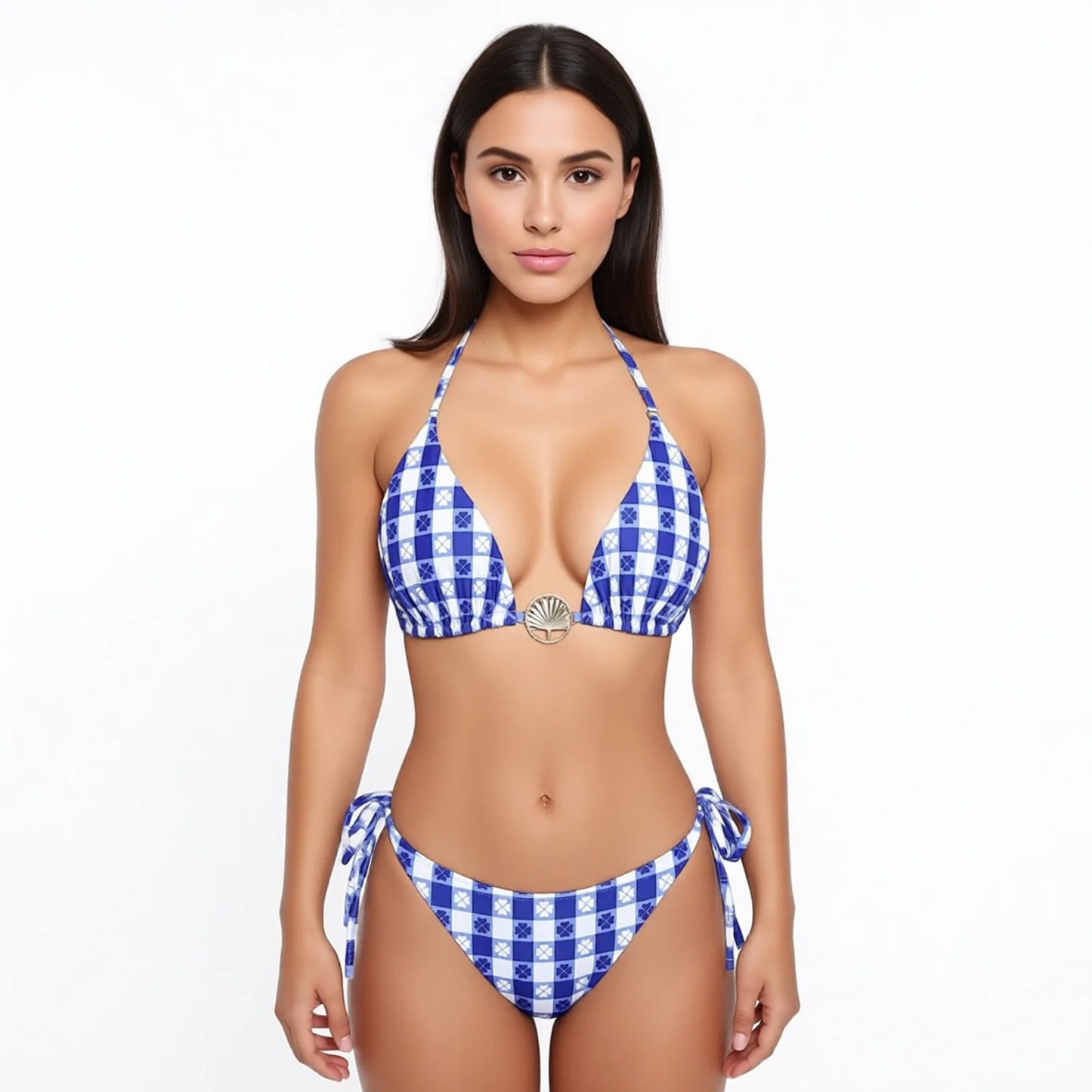 Sexy Plunging Plaid Halter Bikini with High-Leg Cut