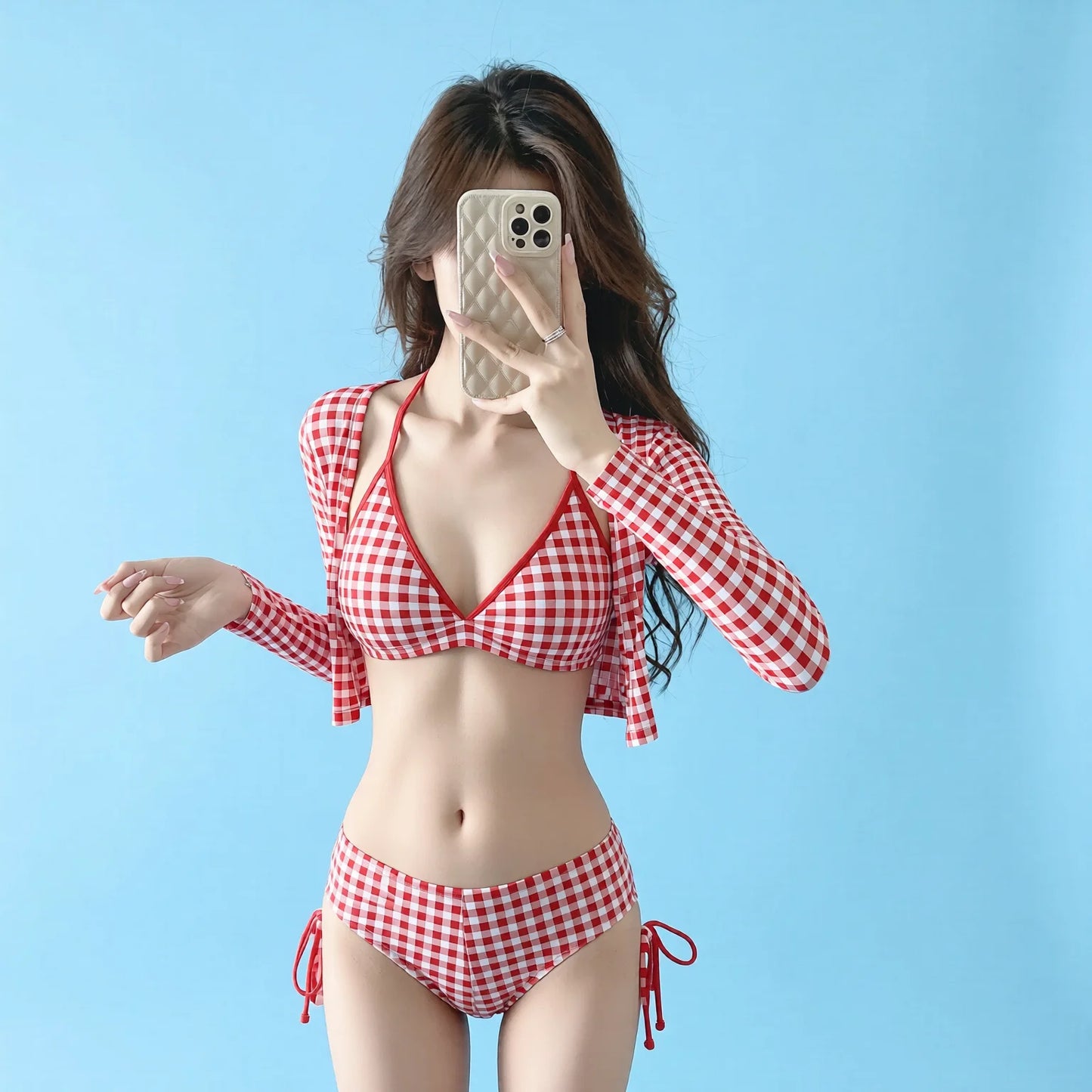 Long Sleeve Swimwear Set - Plaid Bikini & Off-Shoulder Cover-Up