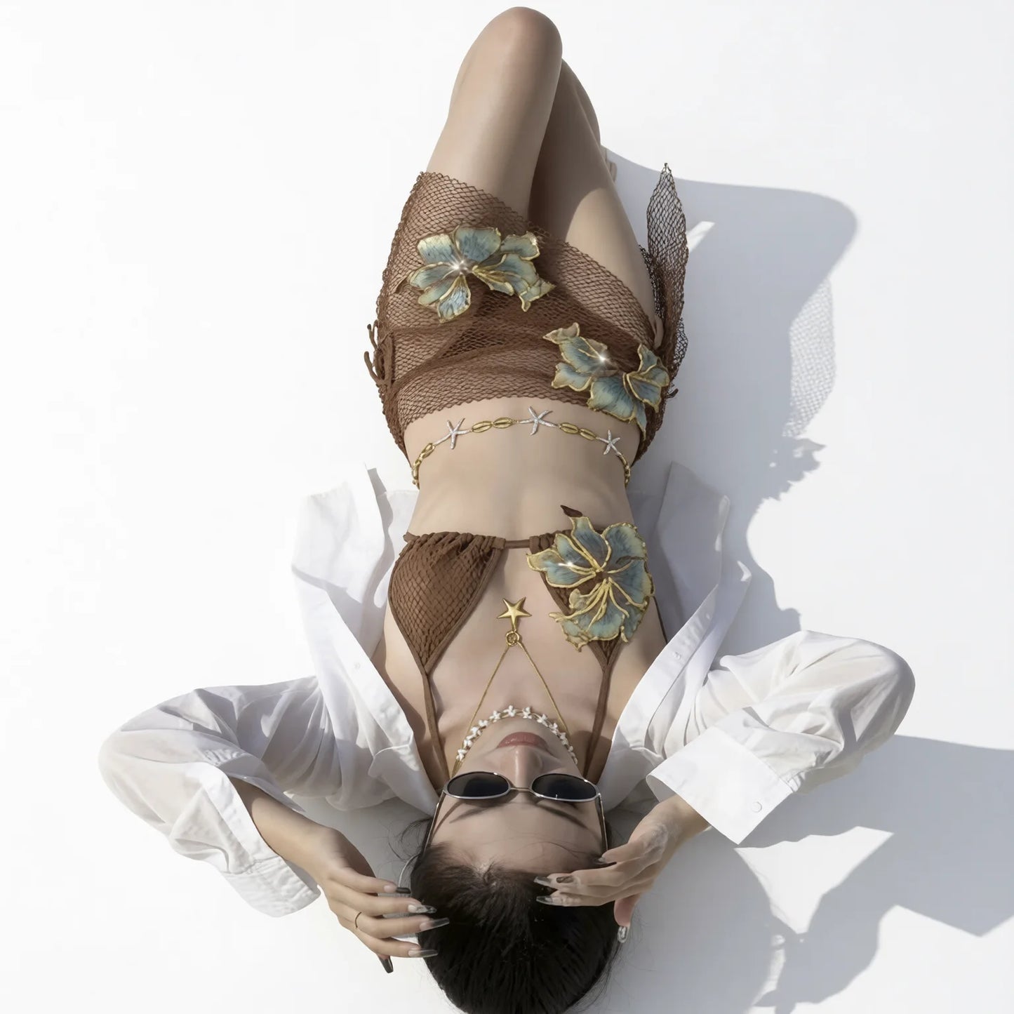 Embroidered Triangle Bikini Set, Mocha Brown High-Contrast Swimwear