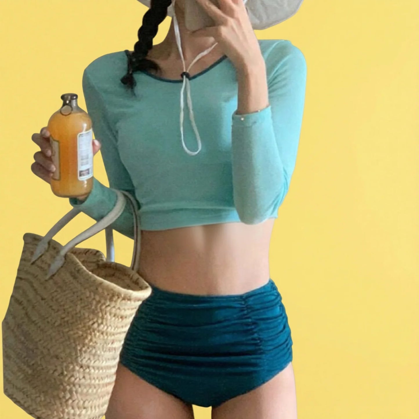 Korean Ins High-Waisted Long-Sleeve Two-Piece Swimwear
