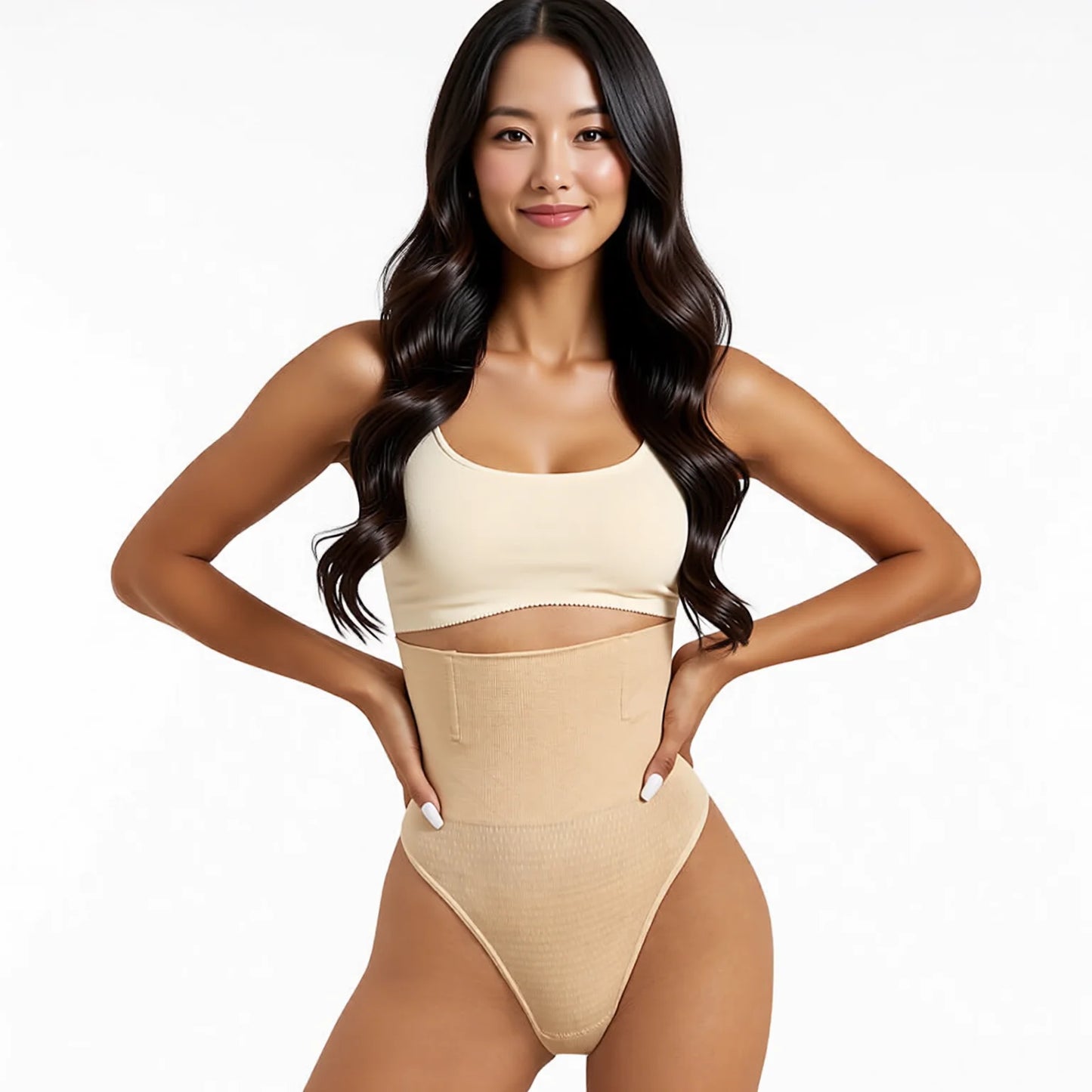 High Waist Tummy Control Thong Shaper Panties - Black & Skin