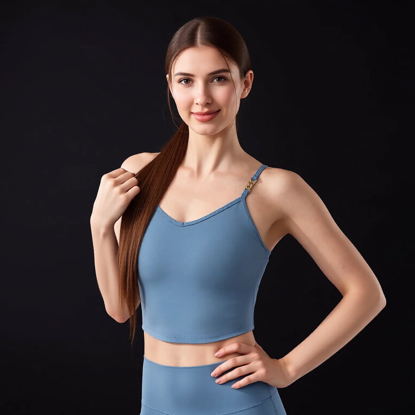 Nude Feel One-Piece Yoga Bra with Built-in Bra Cup, Spaghetti Strap Tank Top