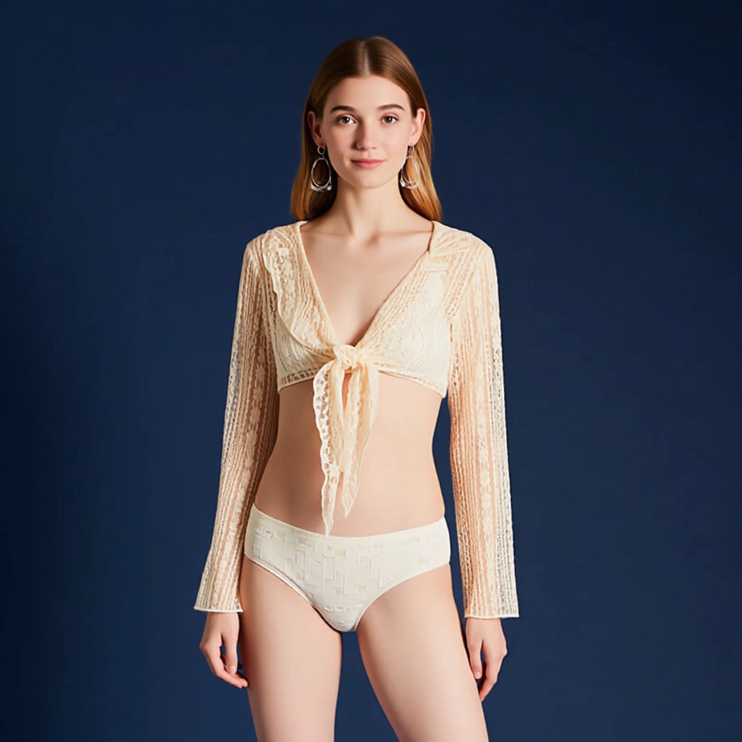 Net Mesh Long Sleeve Cover Up Swimsuit Set