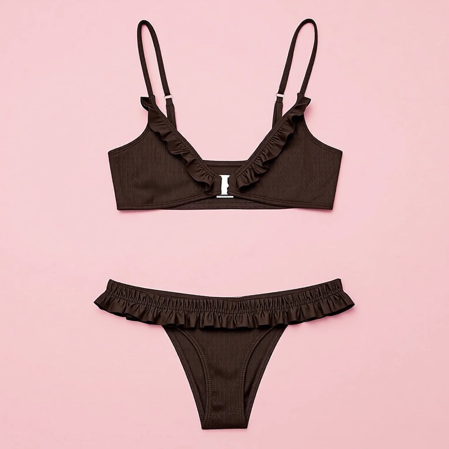 Ruffle Edge Triangle Bikini Set - Mocha Brown