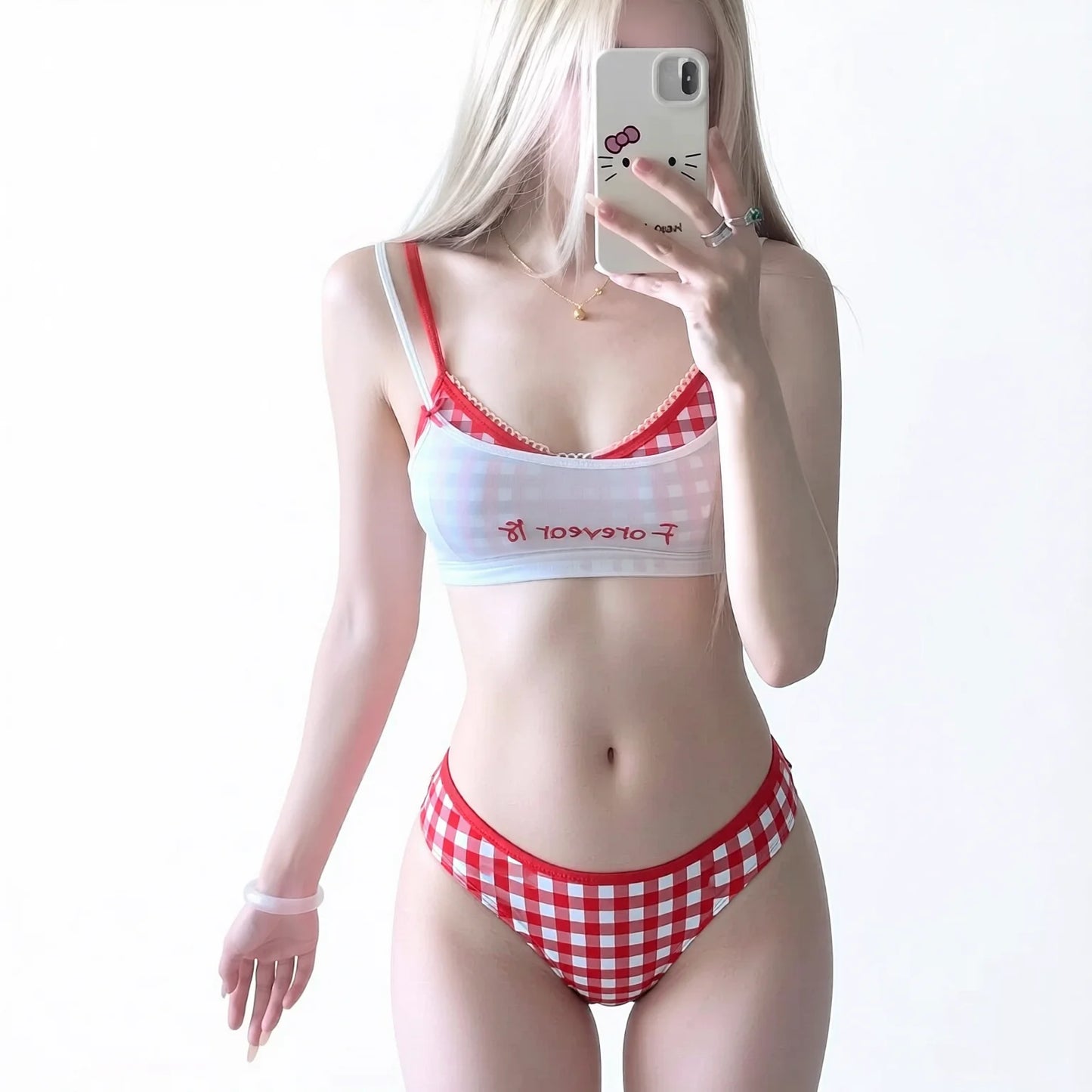 Pure Desire Split Bikini Set White Top Red Shorts