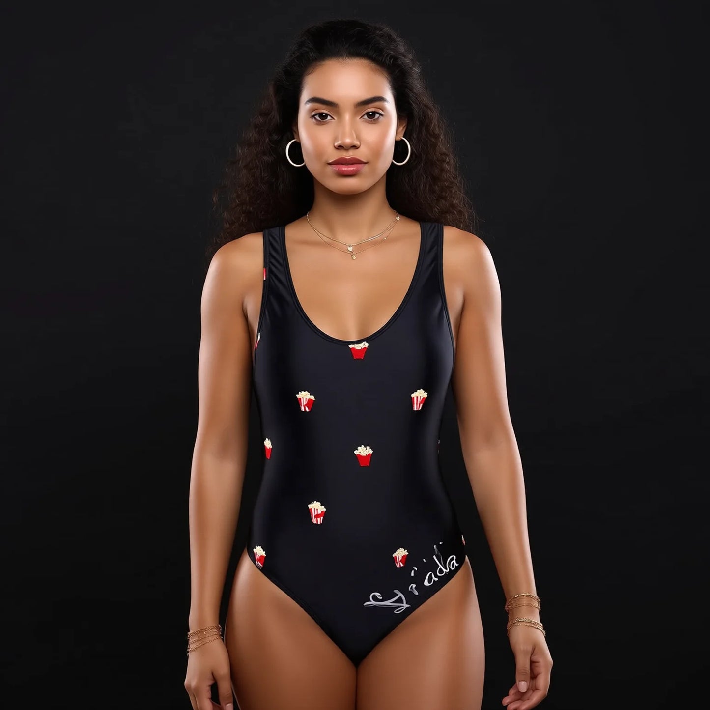 Black Matte One-Piece Swimwear with Popcorn Embroidery - High-Waisted Conservative Swimsuit