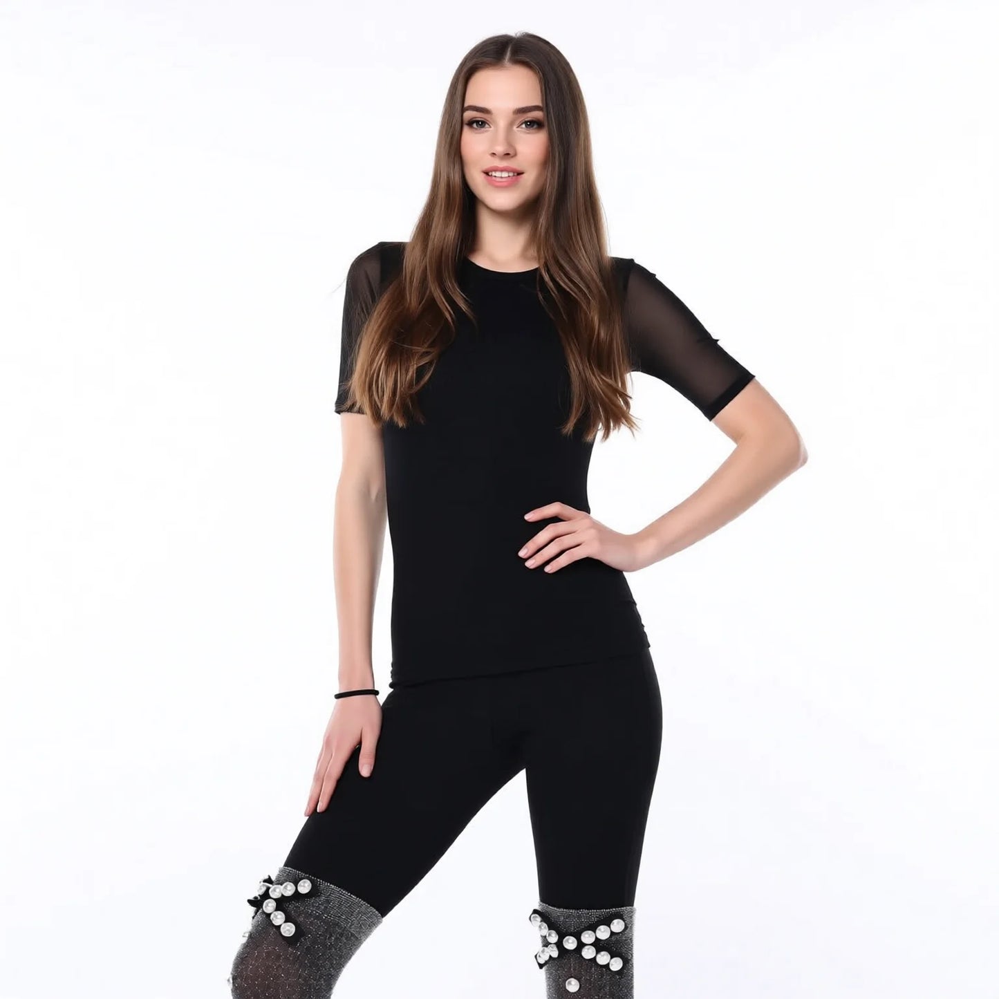 Pearl Embellished Sheer Mid-Calf Socks Ballet Style Bow Detail
