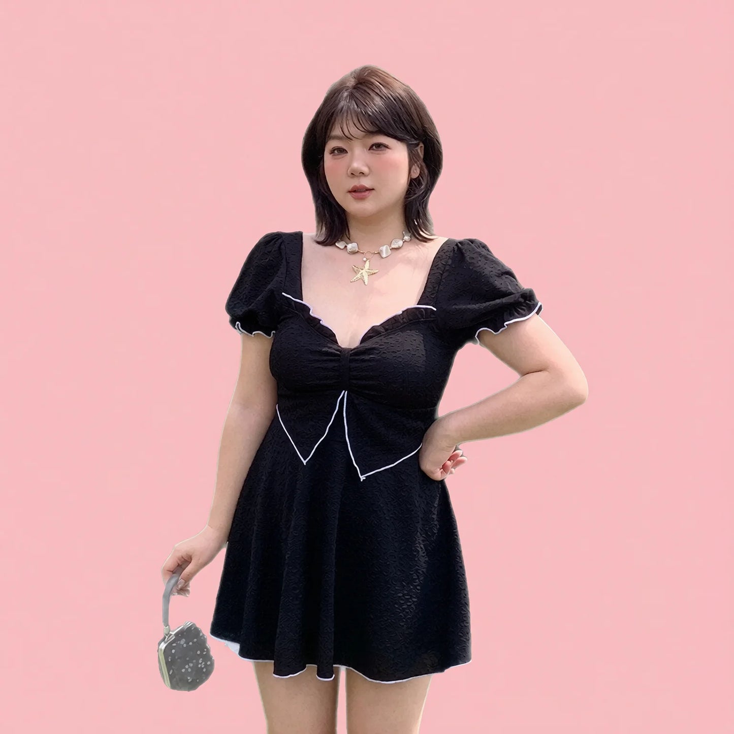 Black Plunge Neck Flounce Trim Skirt Swim Dress