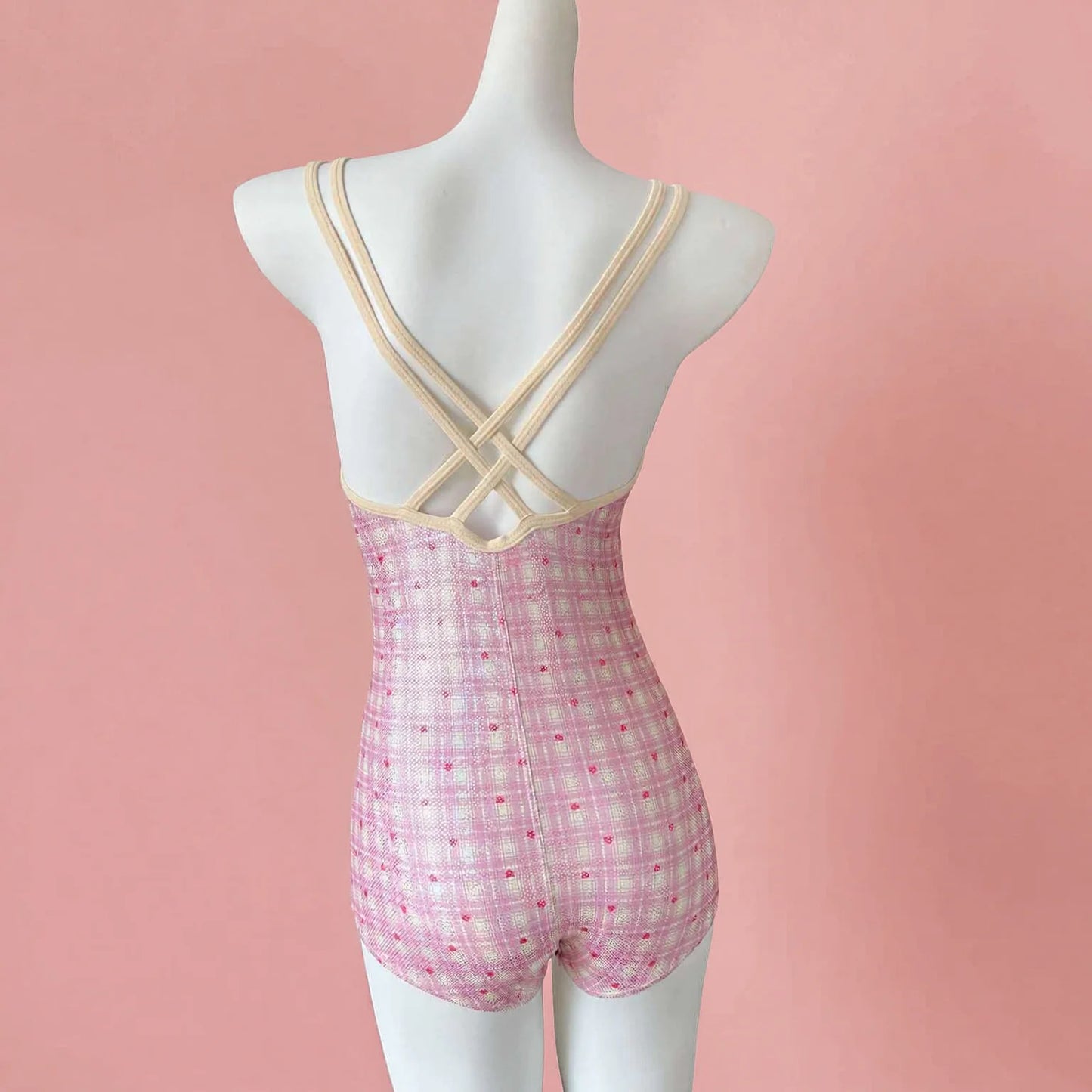 Plunge Neck One-Piece Swimsuit - Pink Gingham Miniature Armhole Design