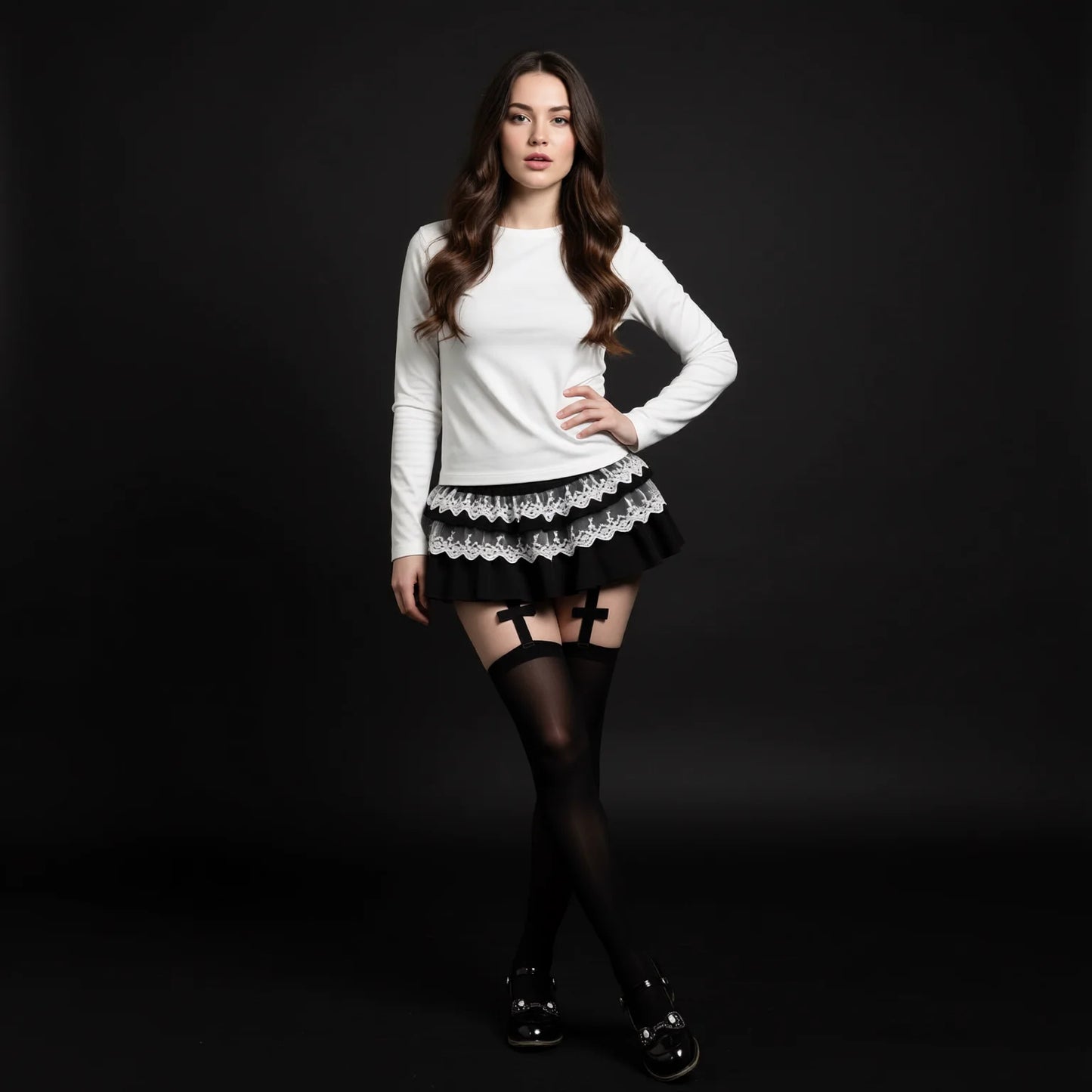 Lace Thigh High Stockings with Garter Belt - Black & White