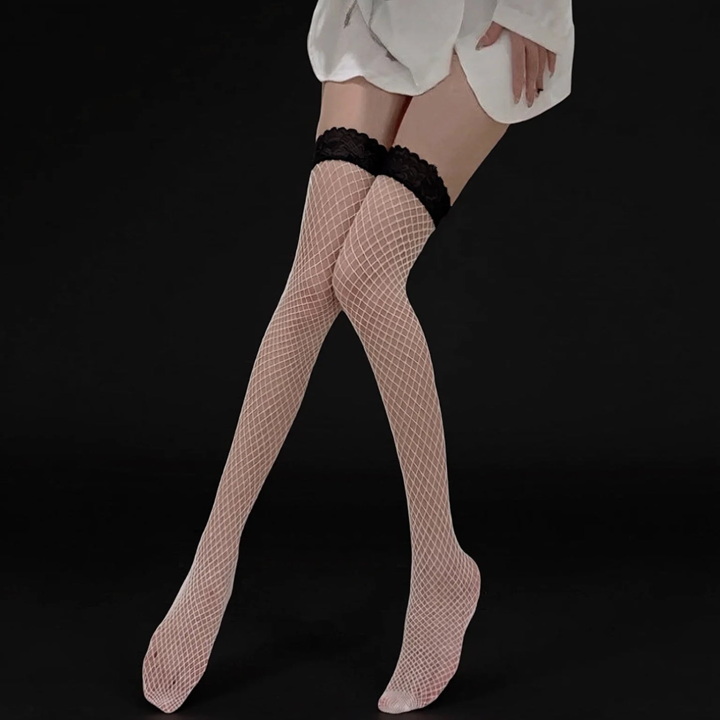 Black Lace Trim Over-Knee Fishnet Stockings