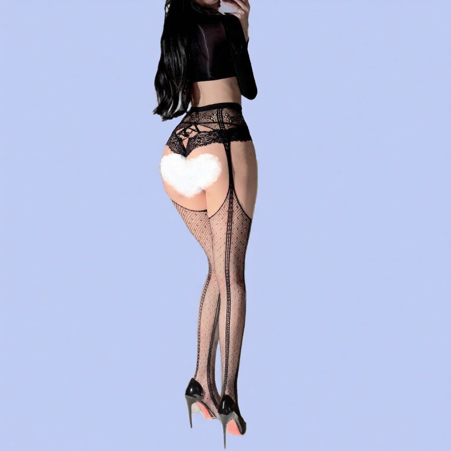 Sexy Lace Suspender Fishnet Bodystocking Black Open-Crotch Temptation