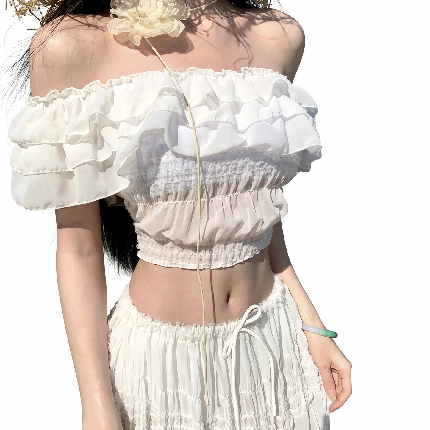 French Style White Skirt Swimwear High Waisted A-Line Mid Length Summer Lingerie